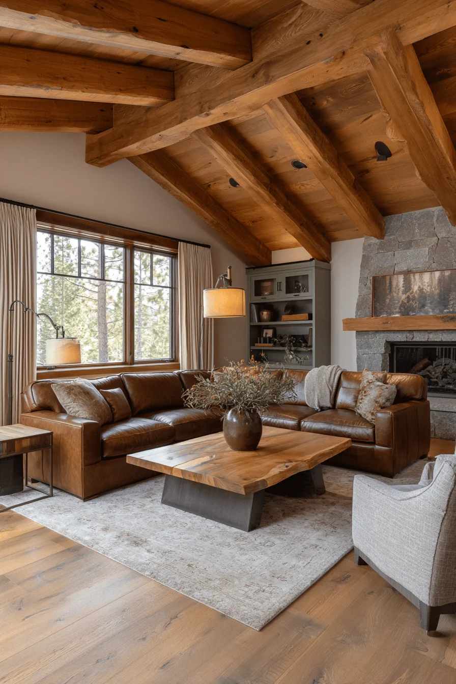 cottage living room with cream linen drapery featuring house interior design and ranch house living room with comfortable leather sectional