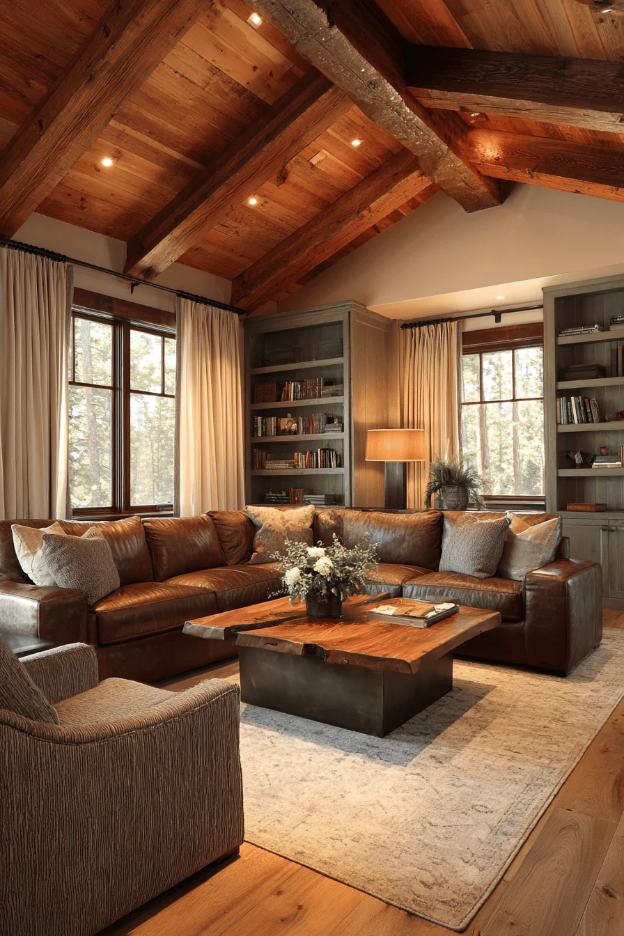 ranch living room wall decor with exposed wood beams featuring interior design elements and natural stone fireplace with ranch house living room styling