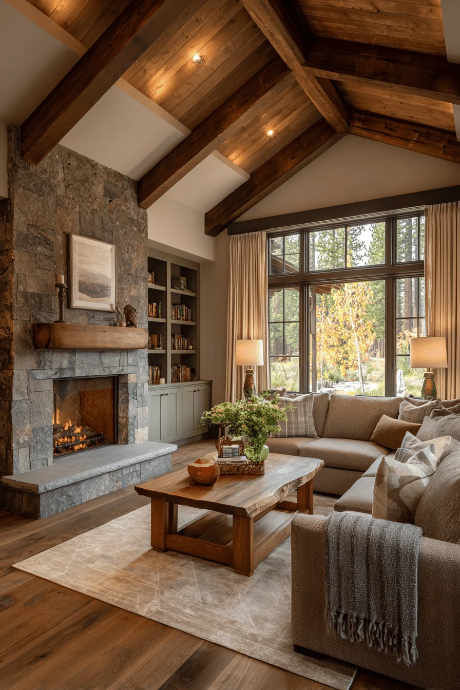 interior design living room with cream linen drapery showcasing home design and ranch living room ideas with sage green cabinetry
