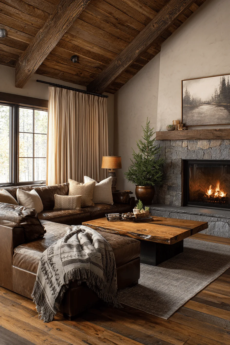 ranch living room with exposed beam ceiling featuring room decor elements and wrought iron table lamps