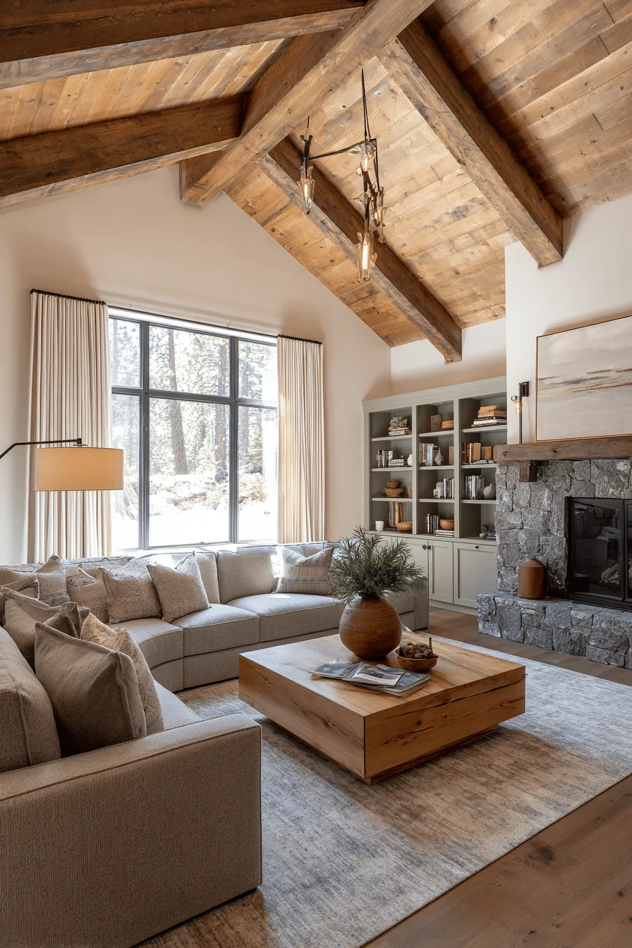 ranch living room with cream linen curtains showcasing modern house design and western living room ranch style elements