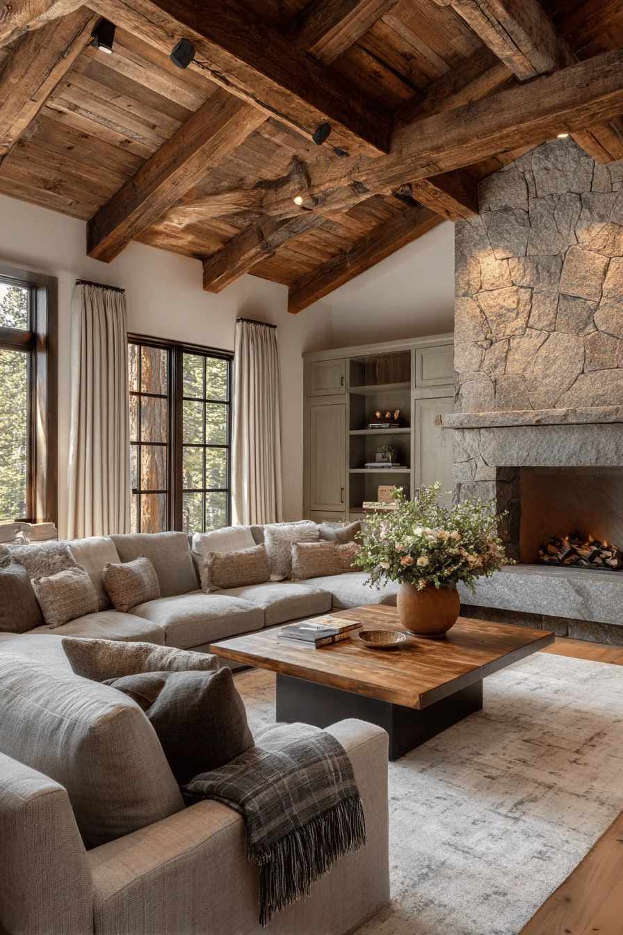 ranch living room tv wall with exposed beams featuring home decor ideas and natural stone fireplace with ranch living room ideas styling