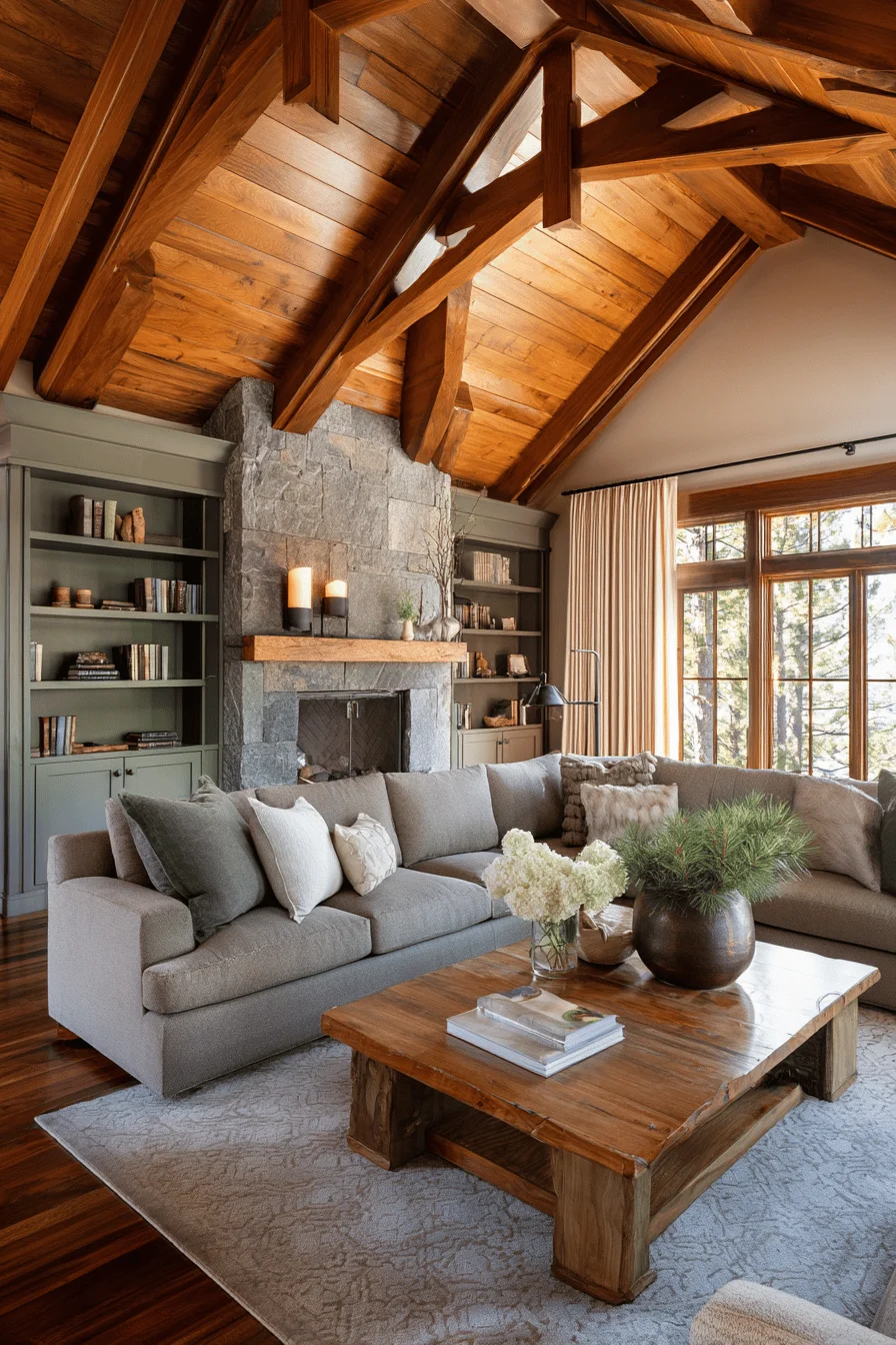 modern living room with warm taupe sectional featuring house design elements and western living room ranch style