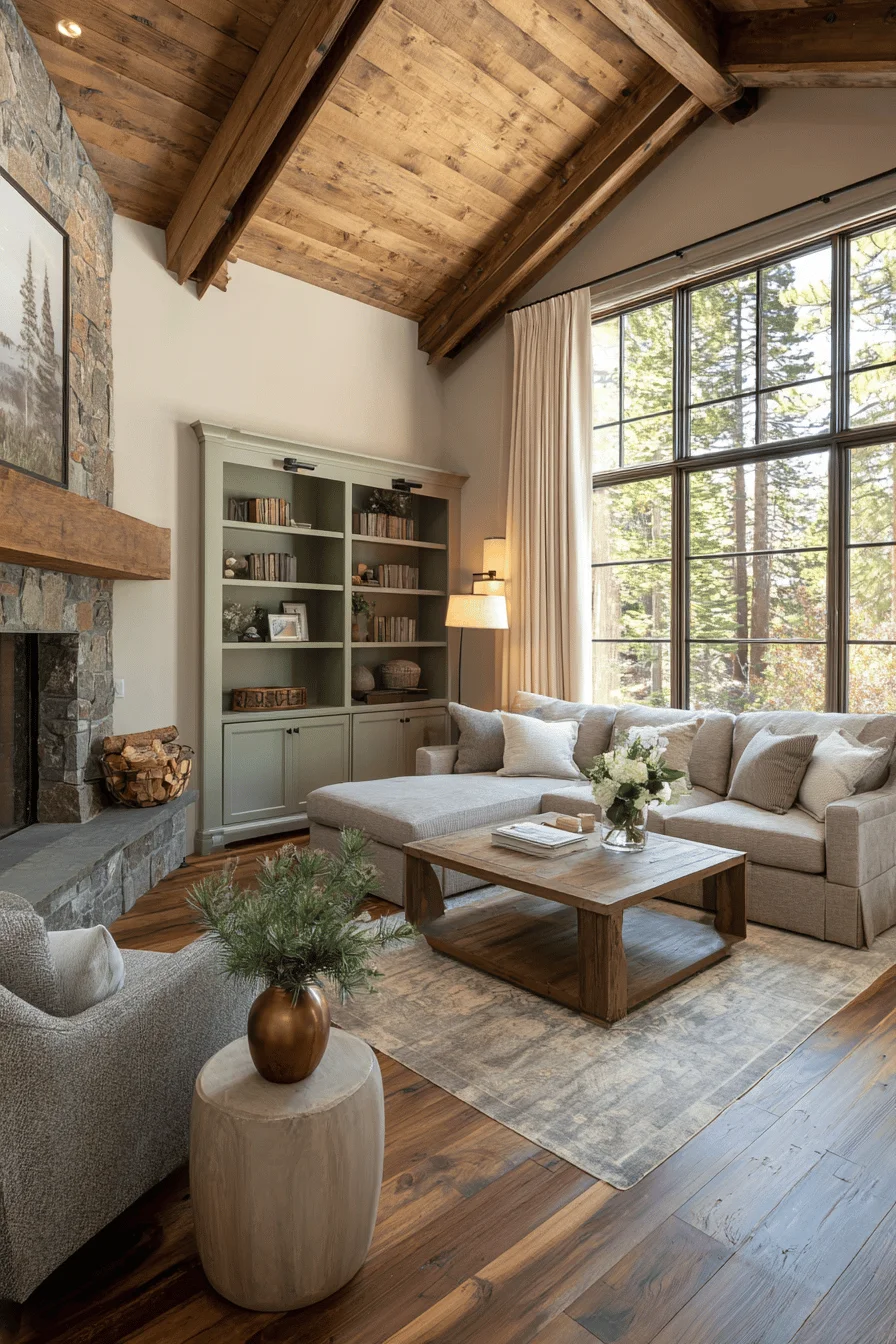 minimalist living room with natural stone fireplace showcasing home interior design and western living room ranch style