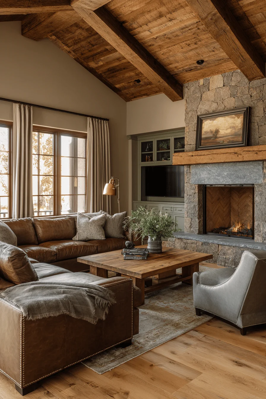 living room partition design with sage green builtin cabinetry featuring cozy house elements and western home decor ranch style
