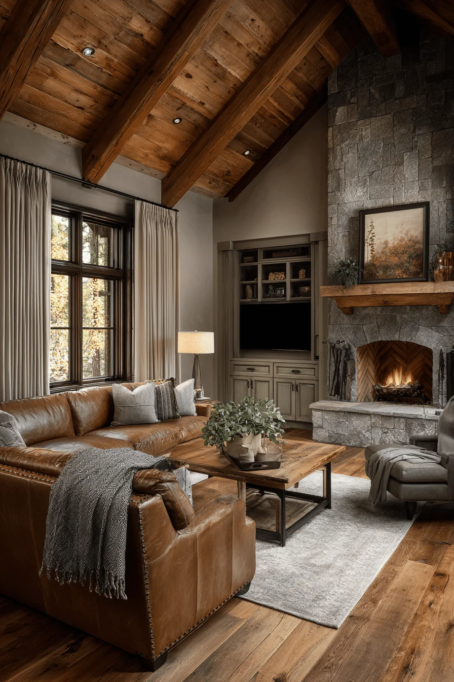 false ceiling living room with exposed beam ceiling showcasing house design and western home decor ranch style with linen drapery