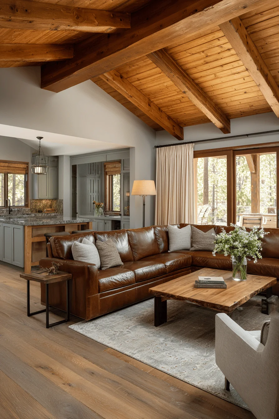 classy living room with exposed beam ceiling showcasing dream house interior and ranch living room elements with leather sectional