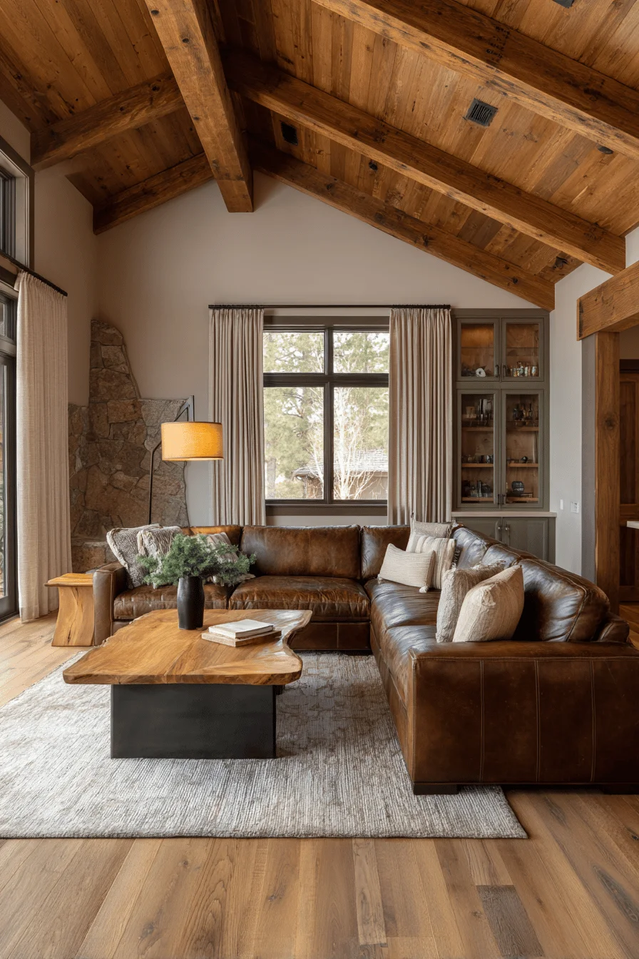 small living room featuring brown leather sectional with dream house decor elements and natural stone fireplace ranch living room styling