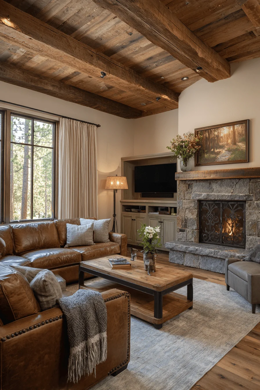 earthy living room with warm taupe sectional showcasing modern house design and western home decor ranch style elements