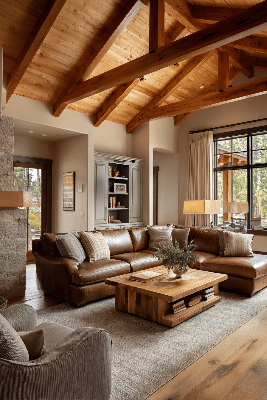 farmhouse living room with cream linen curtains showcasing house decor and ranch living room with sage green cabinetry