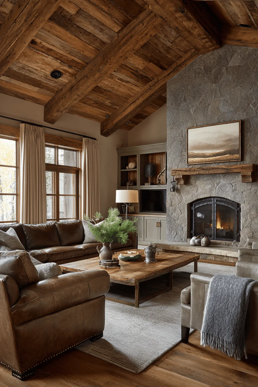 neutral living room featuring brown leather sectional with interior design elements and natural stone fireplace with western home decor ranch style