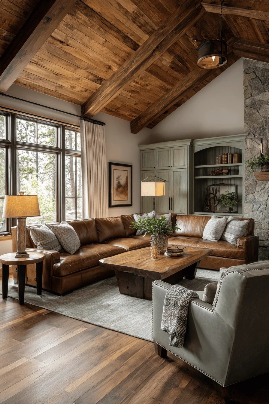 ranch ceiling design living room with exposed wood beams showcasing interior design and natural stone fireplace with ranch house decor living room styling