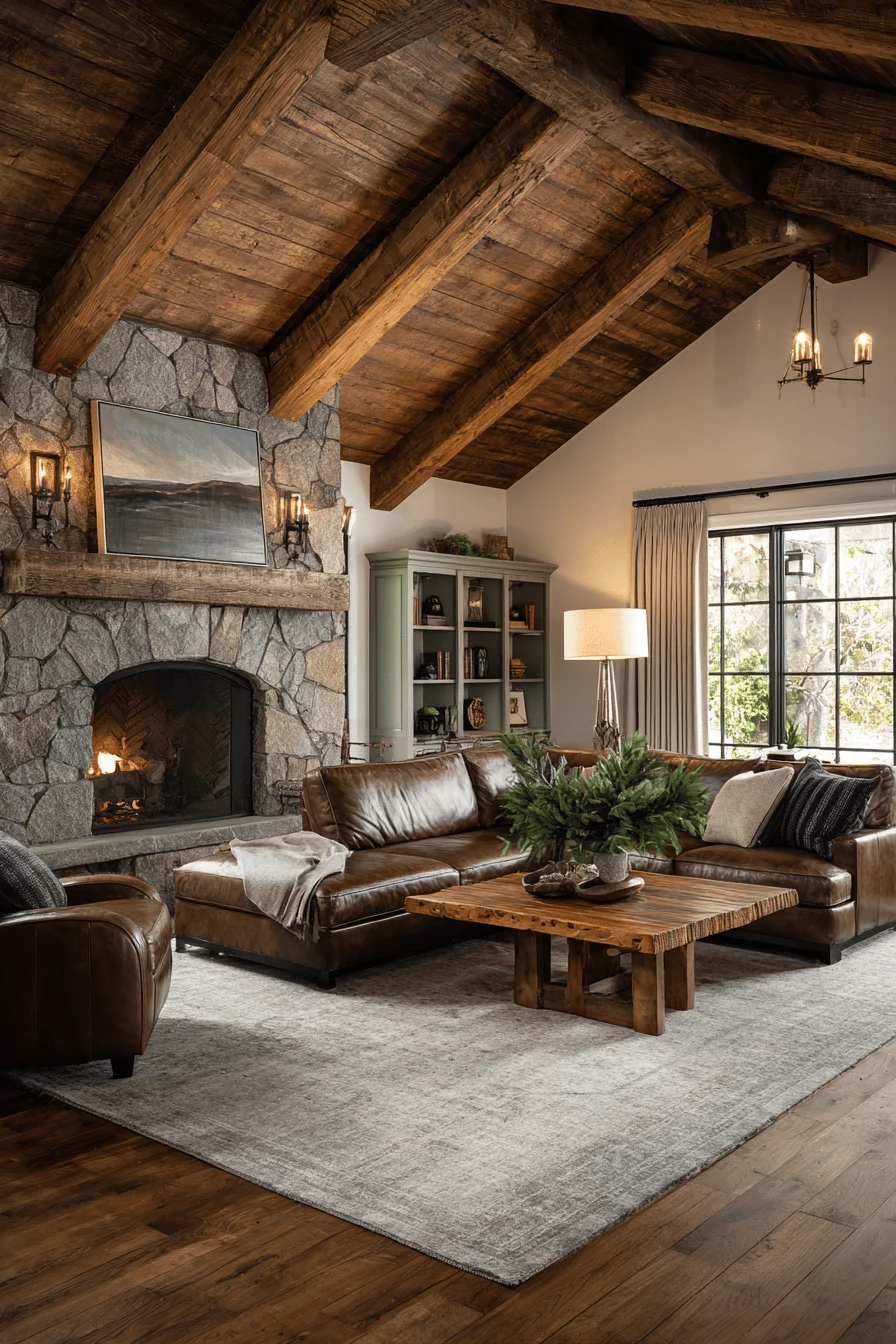 ranch wall decor living room with exposed wood beams showcasing room design and natural stone fireplace with ranch style living room elements