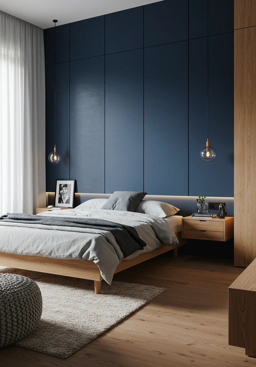 Modern bedroom with navy blue textured bed back wall illuminated by LED lighting