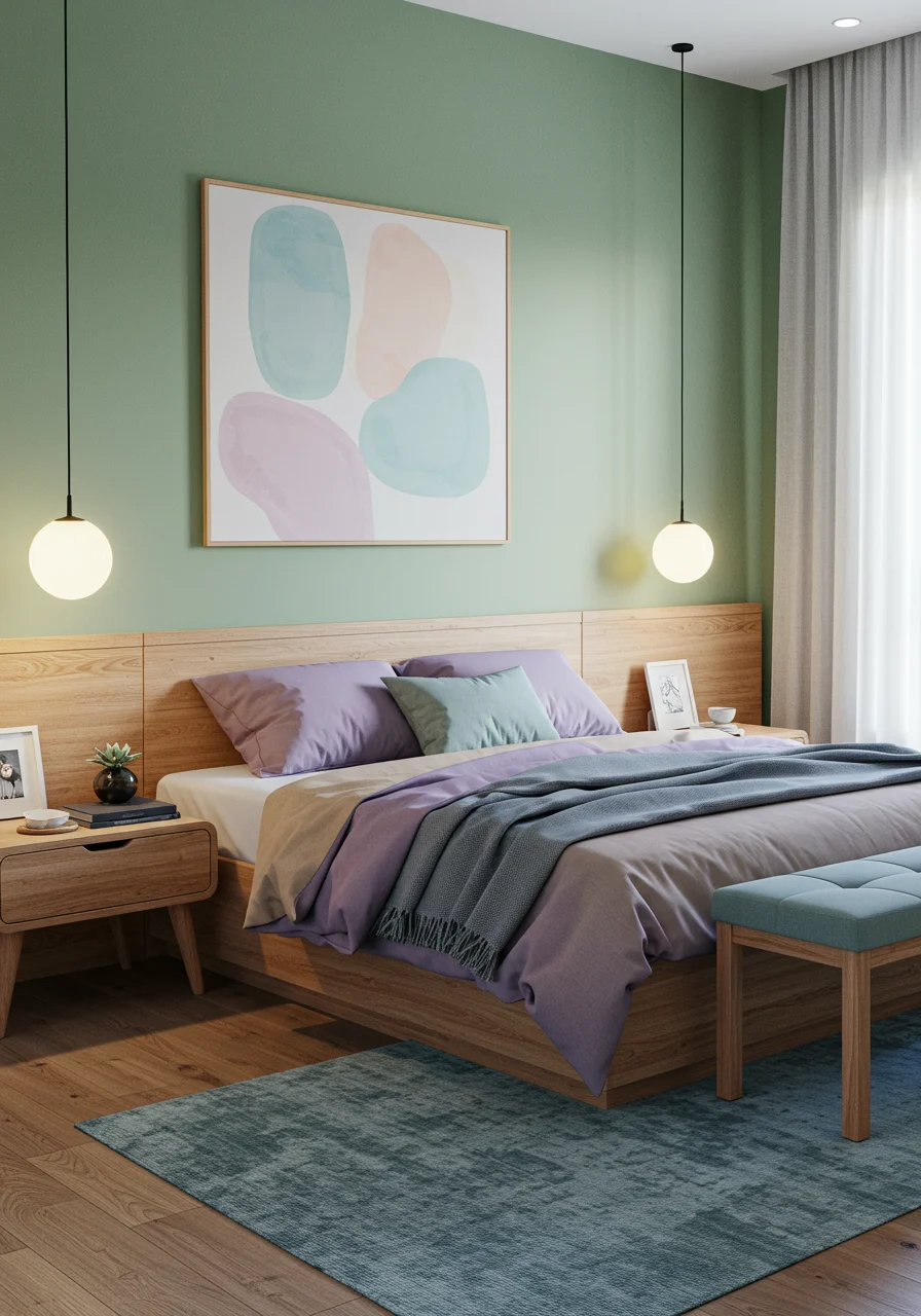 Bedroom with sage green bed back wall, platform bed, lavender bedding, and wooden shelf