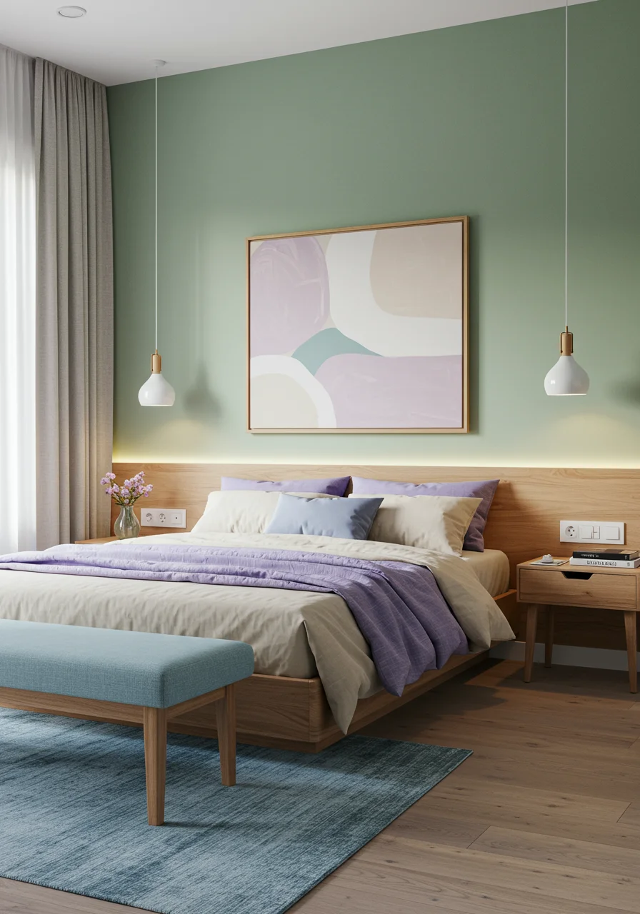 Modern bedroom with soft green bed back wall, lavender bedding, and abstract wall art