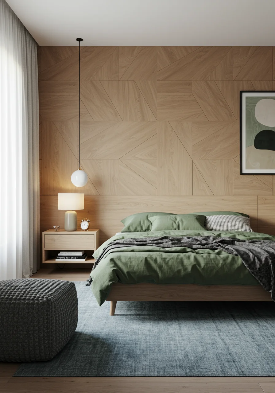 Master bedroom with wood panel bed back wall and ambient lighting