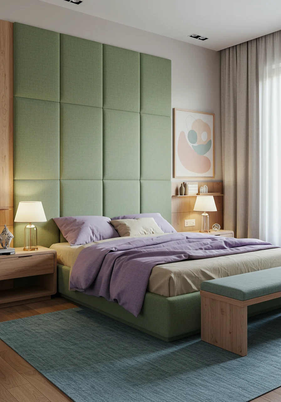 Bedroom with sage green fabric upholstered bed back wall illuminated by recessed lighting