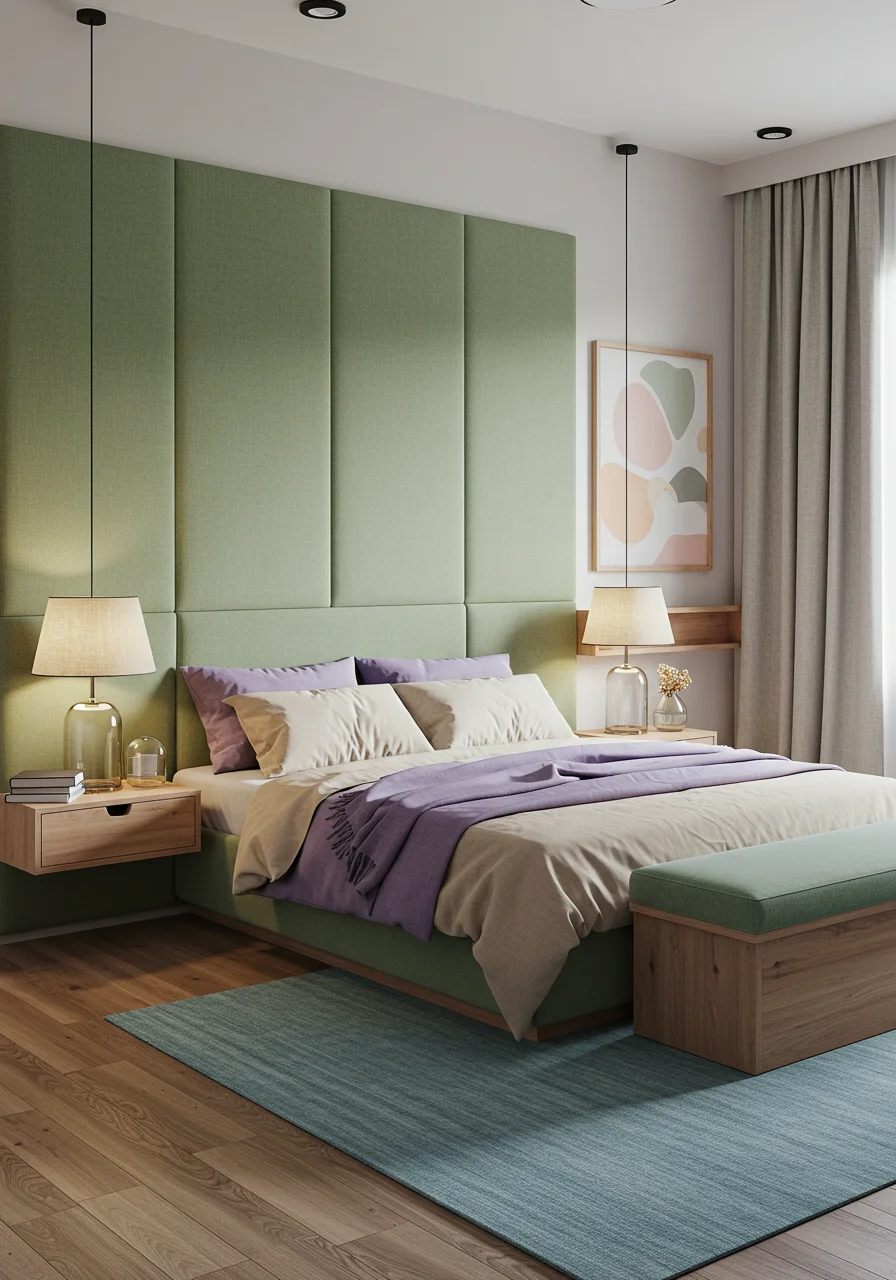 Contemporary bedroom with sage green textured bed back wall and ambient lighting