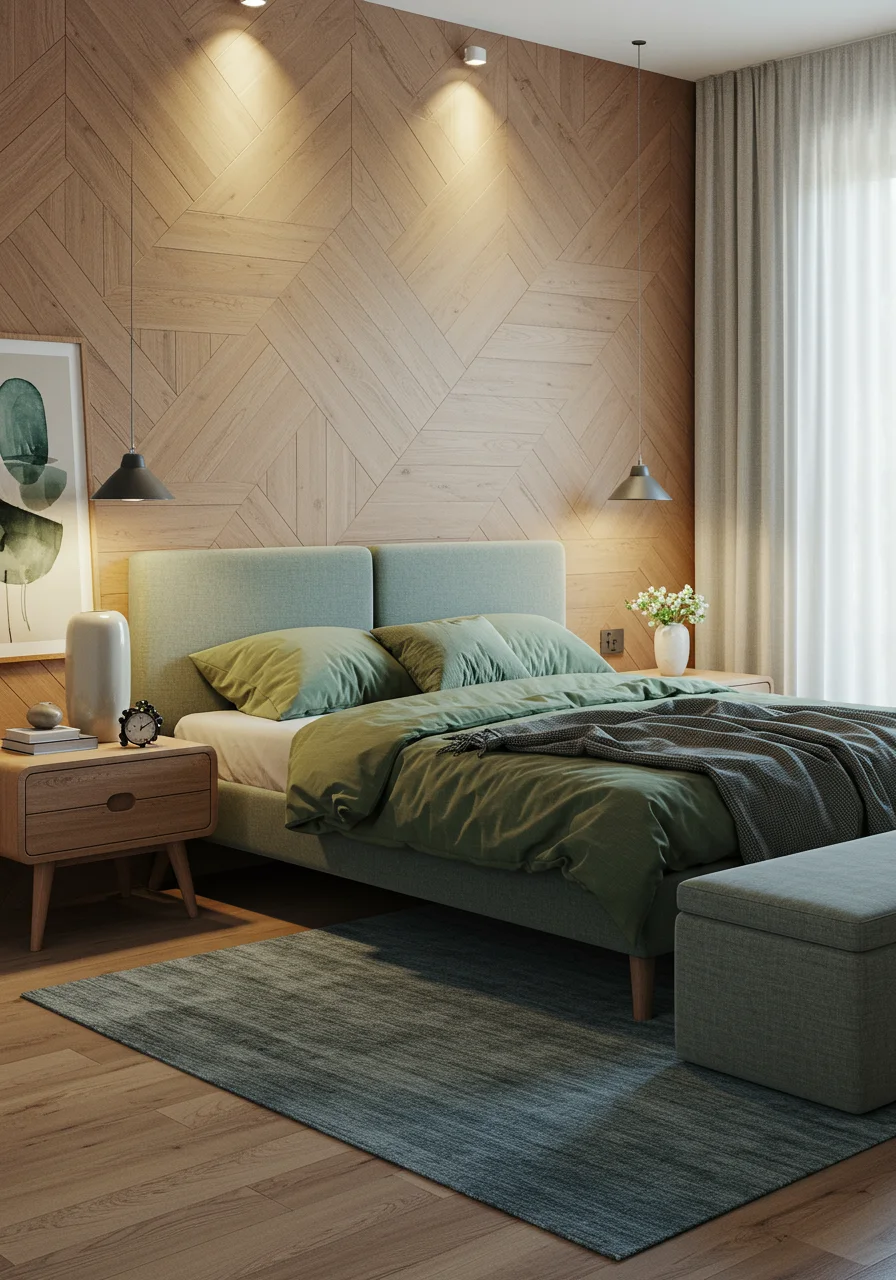 Modern bedroom with textured panels, wall sconces, and contemporary furnishings