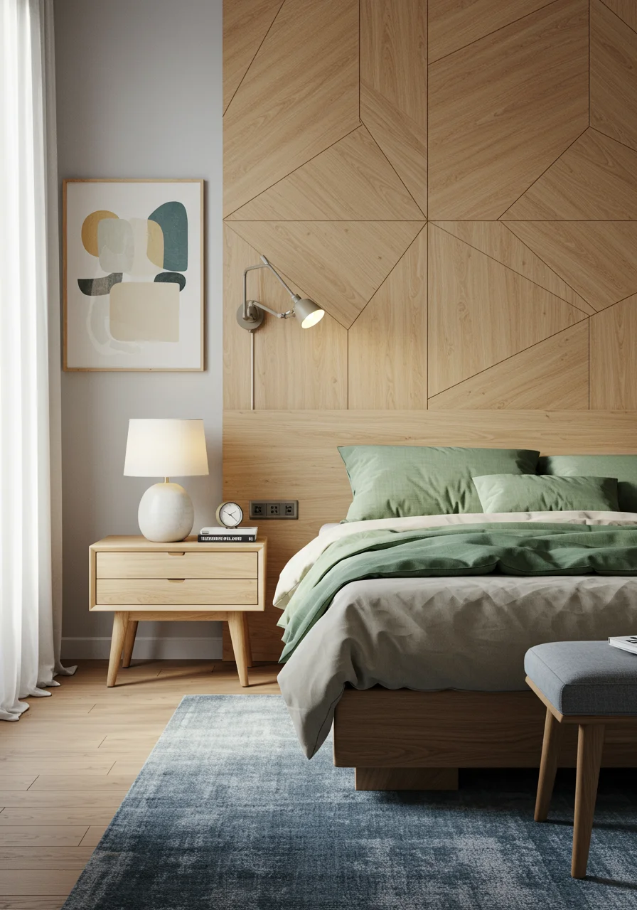 Bedroom with geometric wood panel bed back wall and mounted reading light