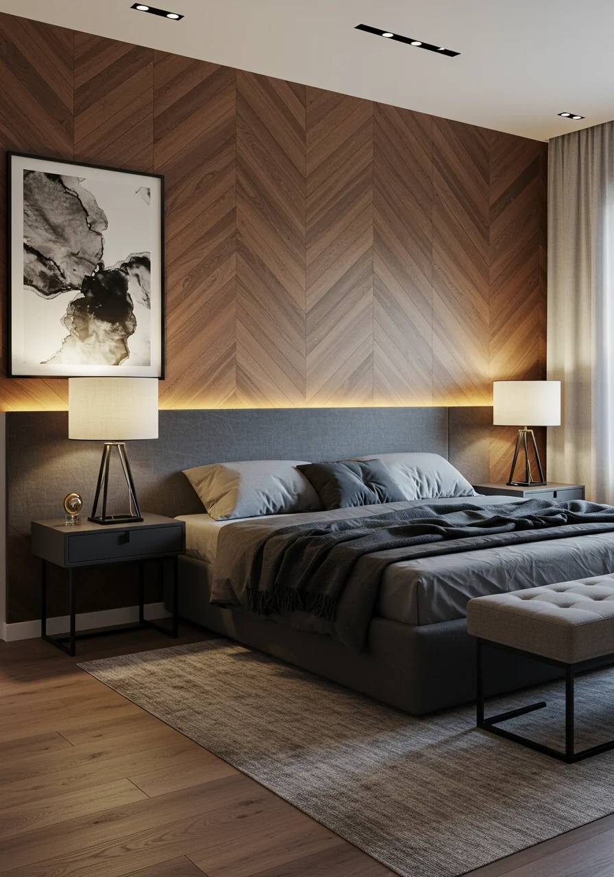 Master bedroom with walnut herringbone wood panel bed back wall and LED lighting
