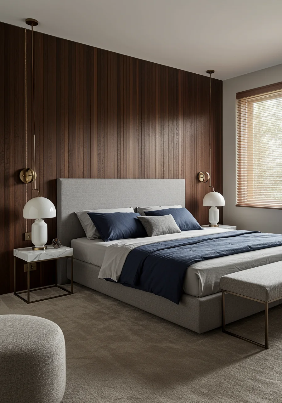Bedroom with wooden accent panels, minimalist headboard, and contemporary lighting