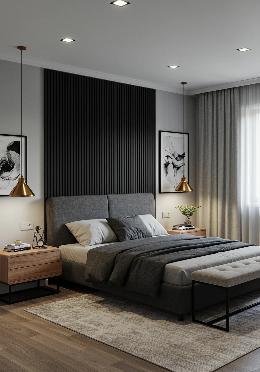 Modern bedroom with horizontal black slat panel bed back wall and oak nightstand