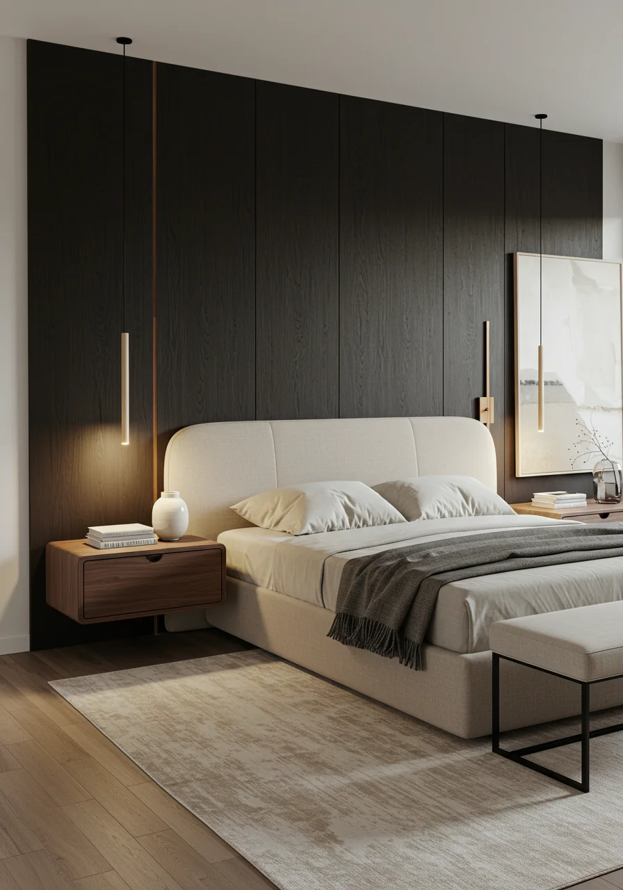 Modern bedroom with textured wood panel bed back wall and ambient lighting
