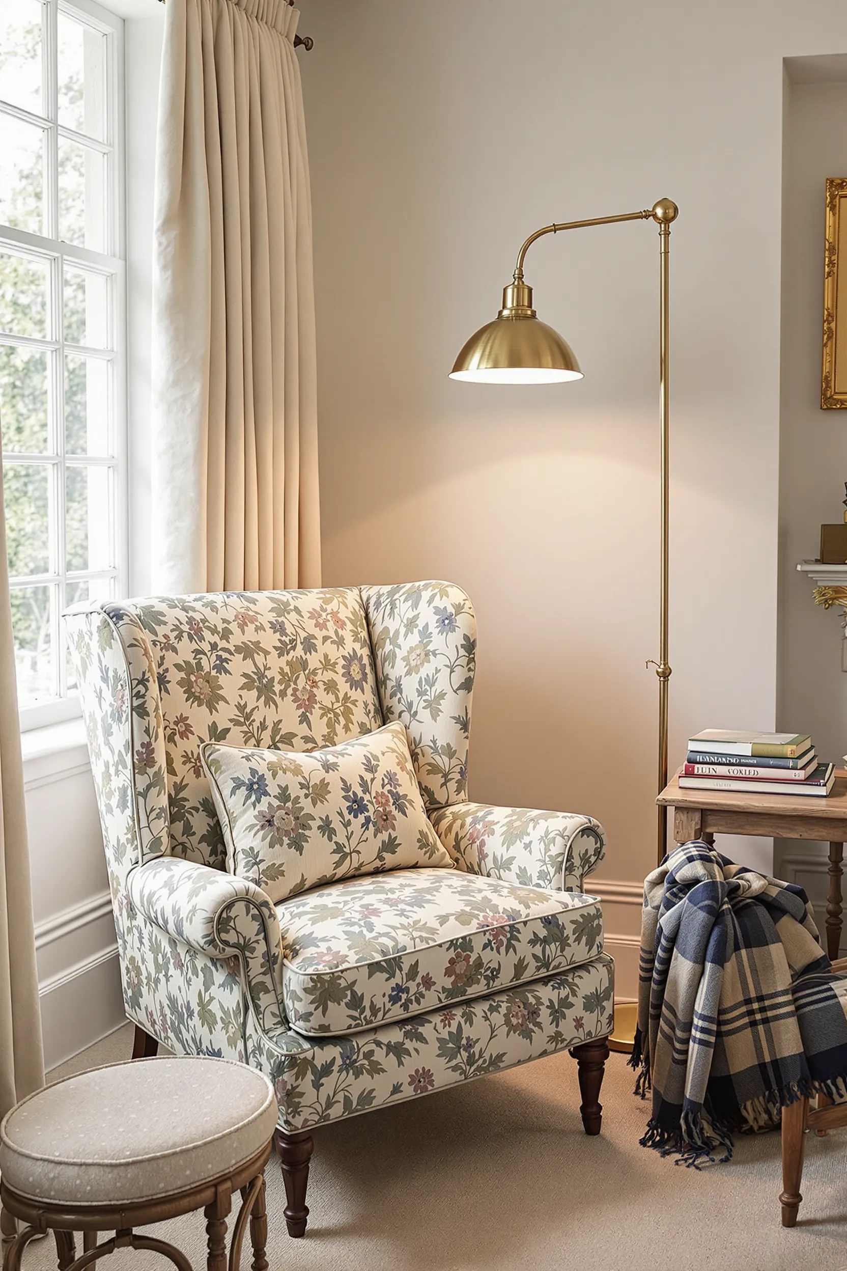 floral wingback chair by window with brass floor lamp and tartan throw