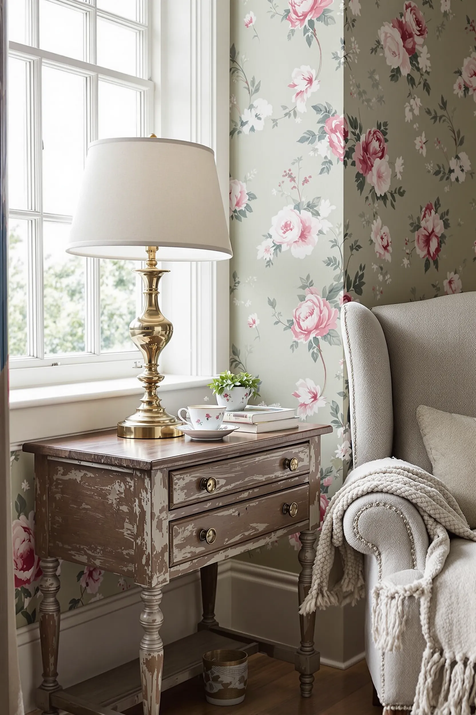 English country reading nook with weathered oak side table, brass lamp, floral wallpaper, and wingback chair