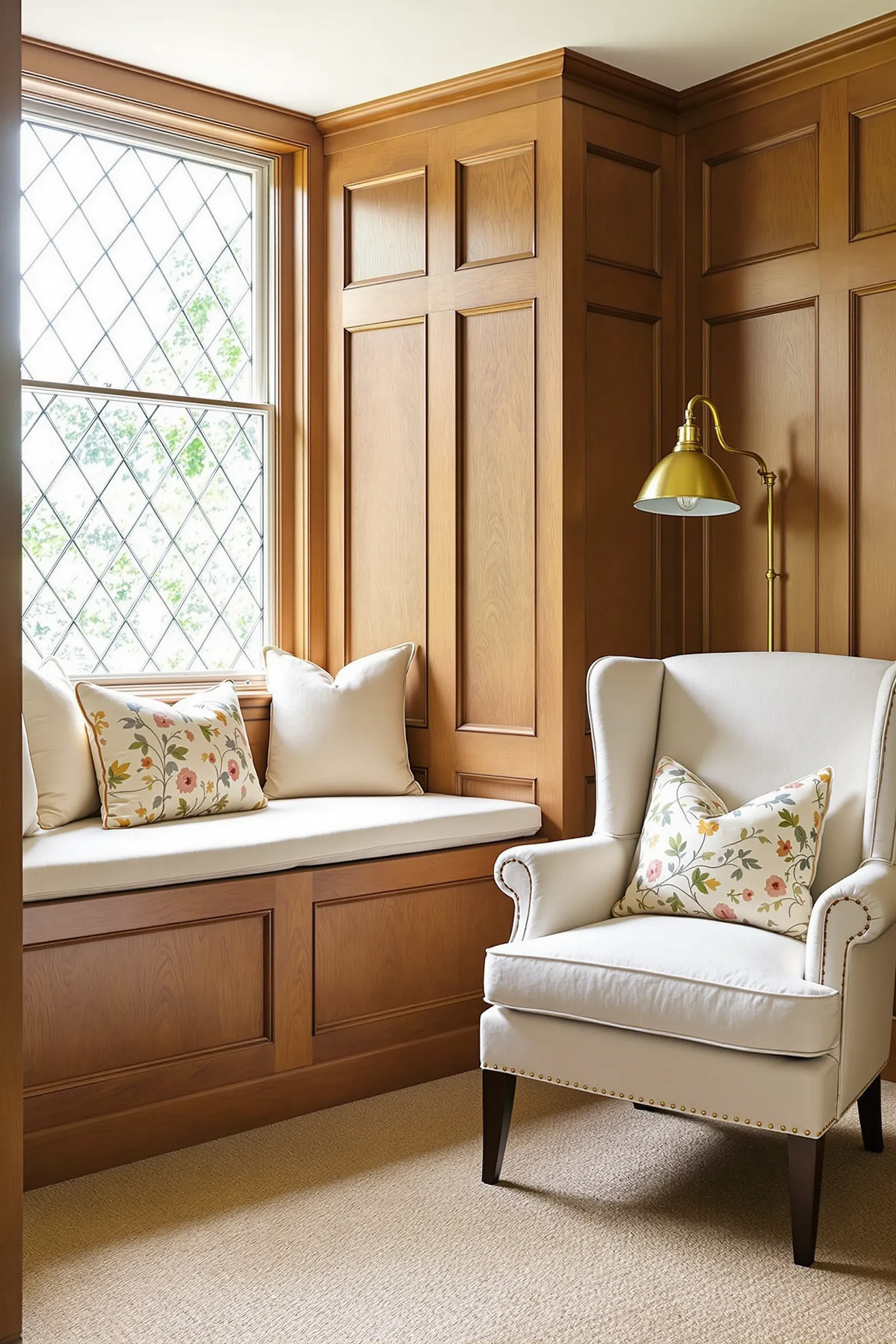 bright English reading nook with cushioned window seat, leaded glass windows, and traditional furnishings