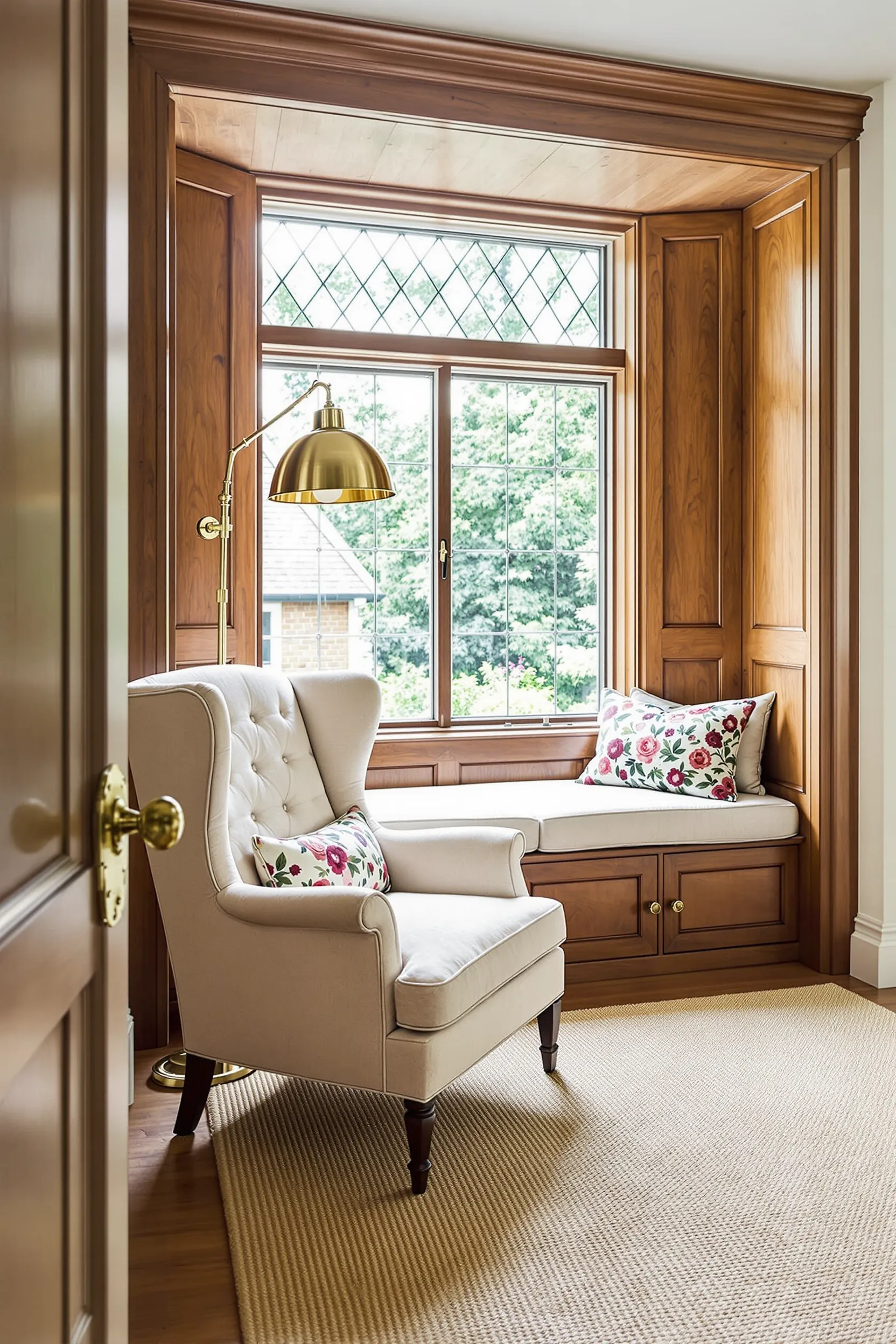 English country reading nook with window seat, cream upholstery, oak panels, and brass lamp