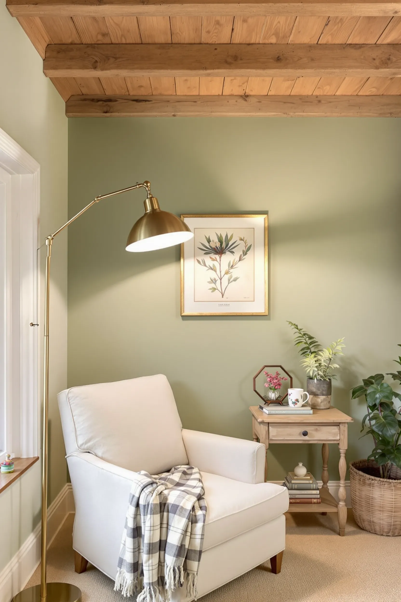 cozy reading corner with brass floor lamp, cream armchair, and vintage botanical prints