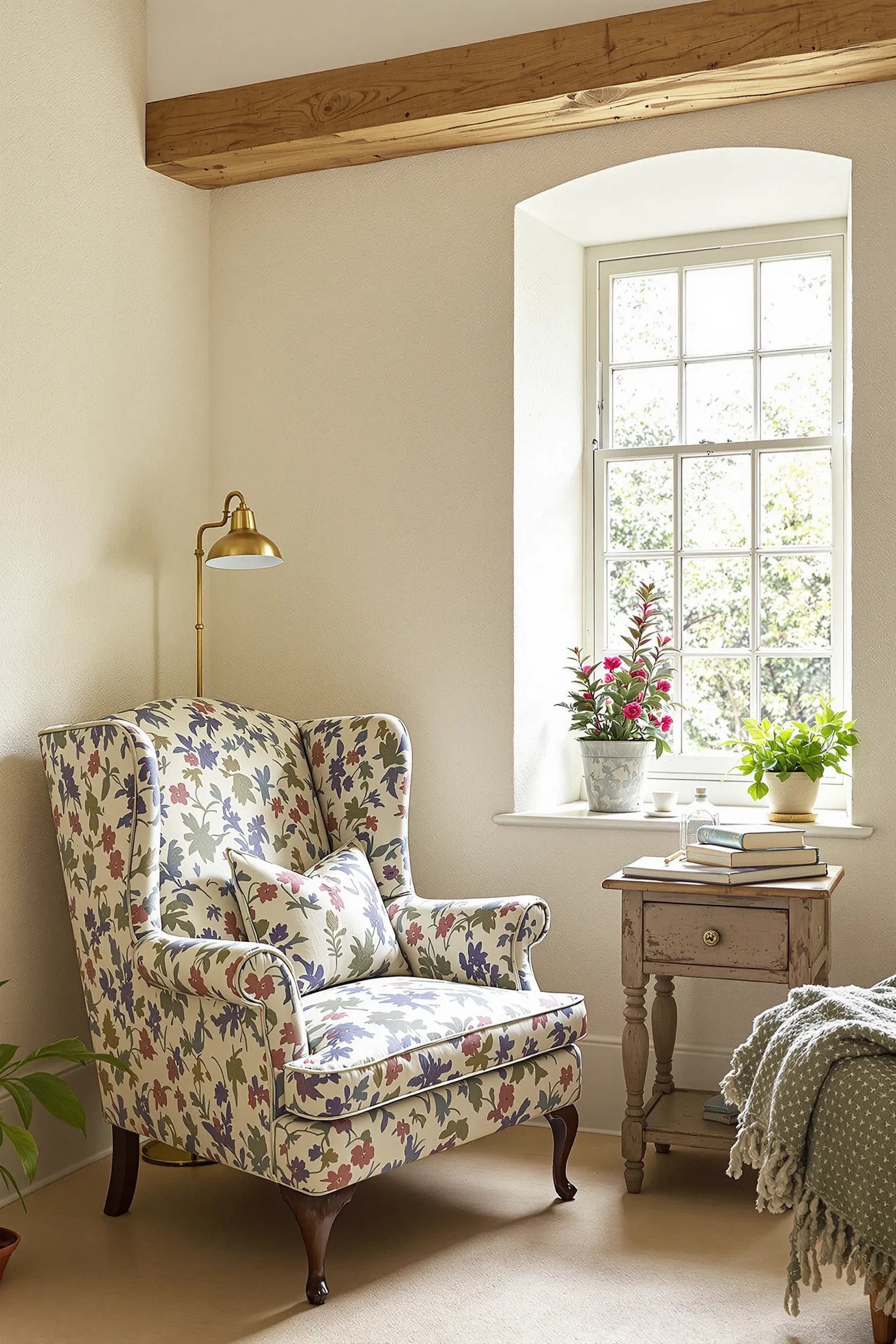 English country reading nook with cream plaster walls, wooden beams, wingback chair, and brass lamp