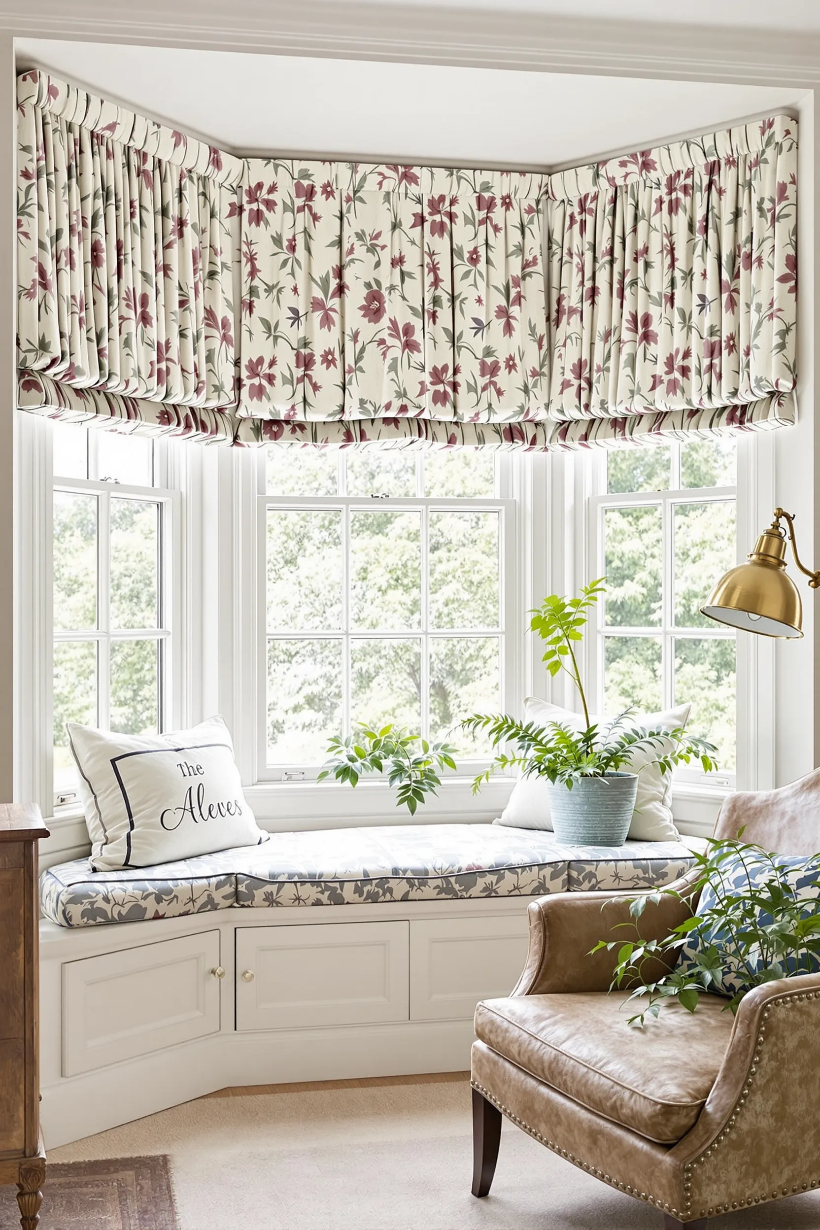 cozy English reading corner with chintz curtains, wingback chair, cushioned window seat, and potted fern