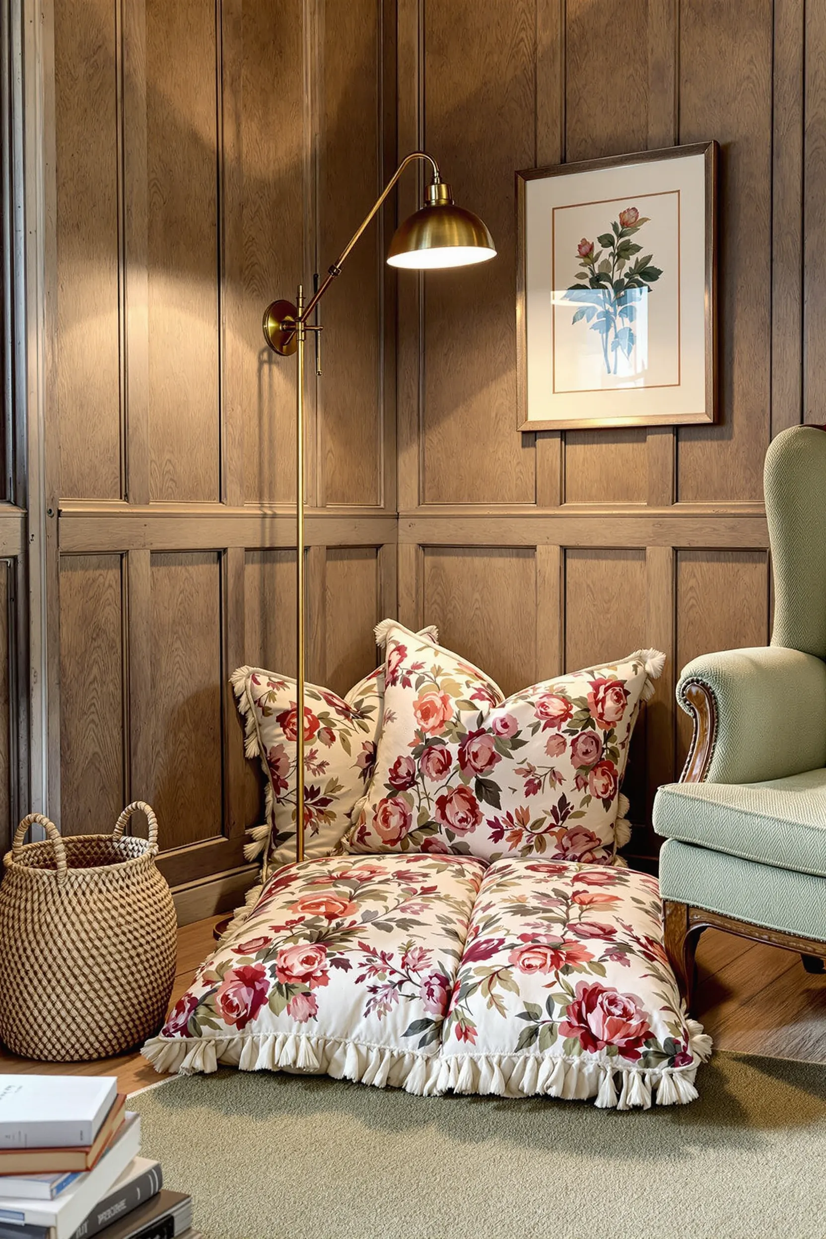 traditional reading nook with wingback chair, floral floor cushion, and vintage prints