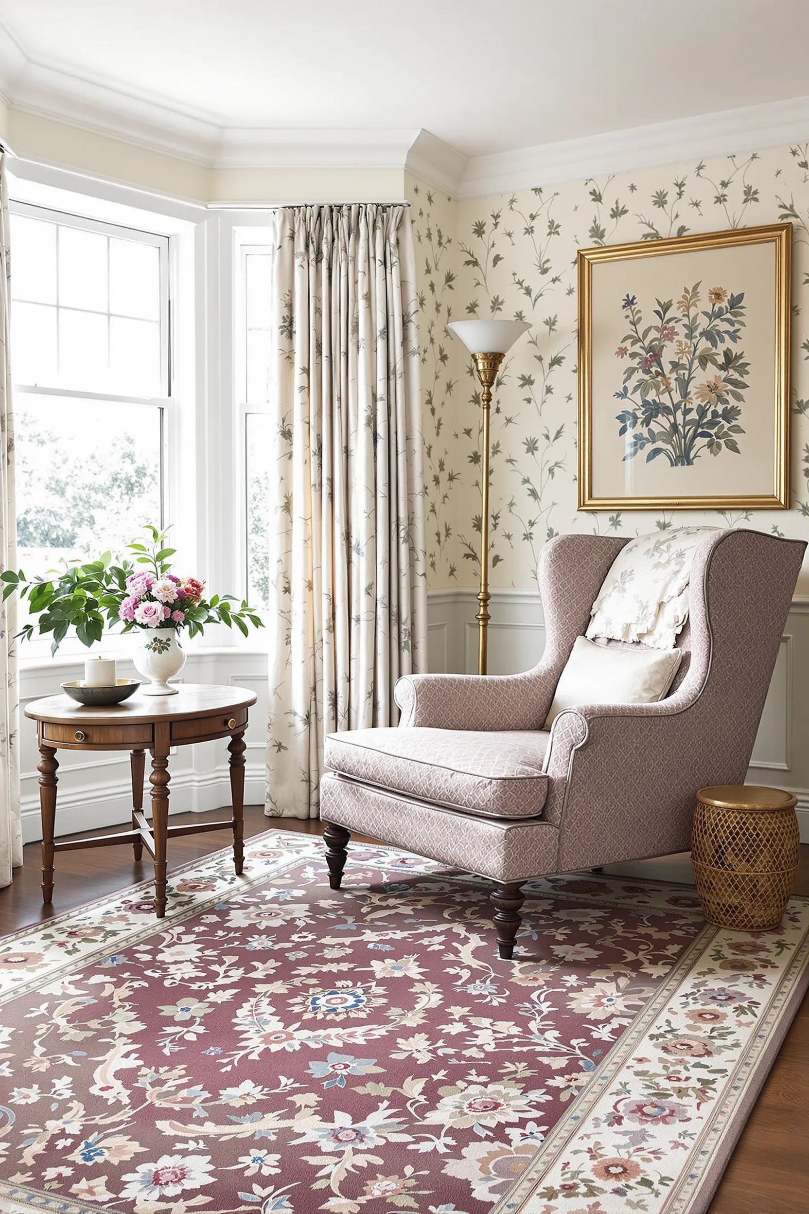 cozy reading corner with traditional floral rug, natural lighting, and weathered furniture