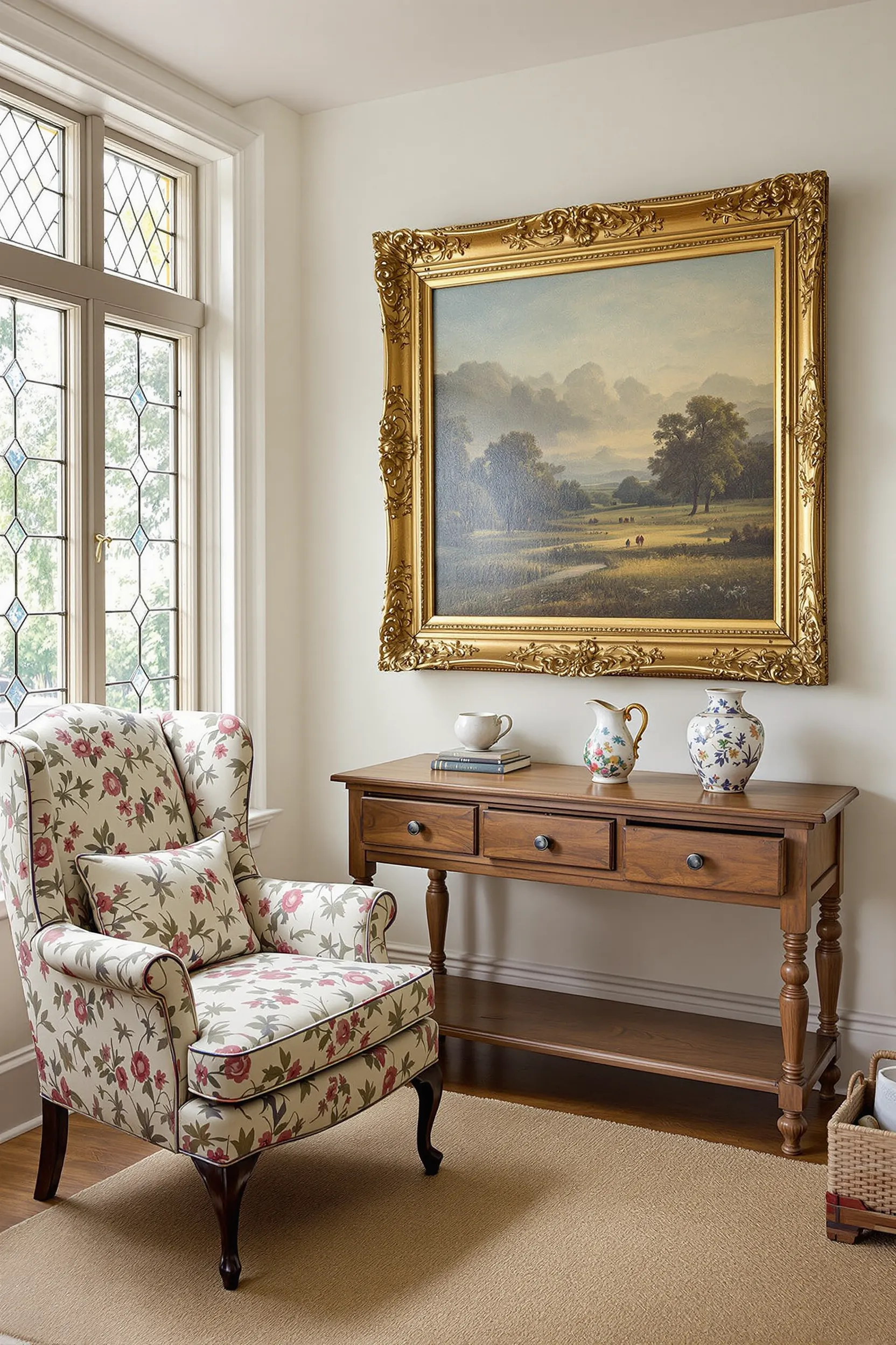 reading corner with vintage landscape painting, floral chair, oak table, and leaded glass window