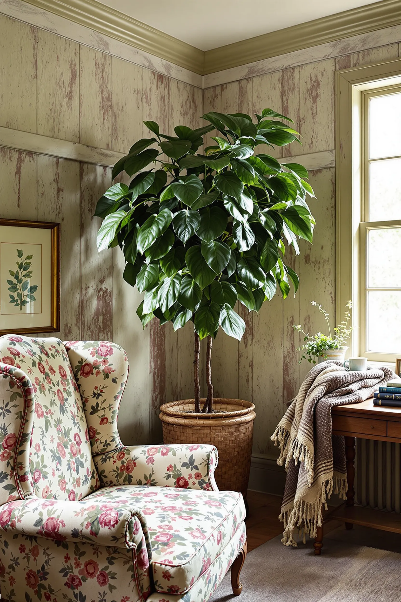 reading corner with sage walls, floral wingback chair, fiddle leaf fig, and rustic oak table