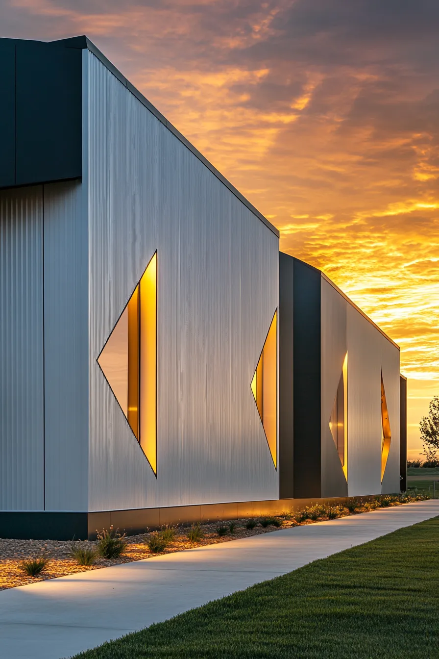 modern barndominium exterior with white metal panels and charcoal accents illuminated by sunset featuring geometric cutouts and clean lines