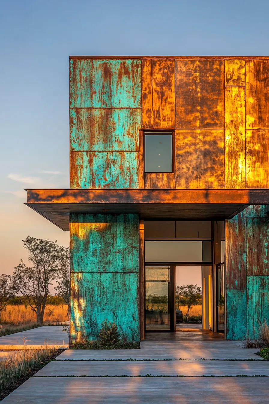 industrial style barndominium with oxidized copper facade and wide windows in contemporary design at golden hour