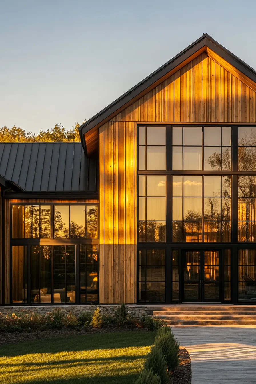 cozy barndominium exterior featuring wood siding metal accents and strategic window placement in afternoon sunlight