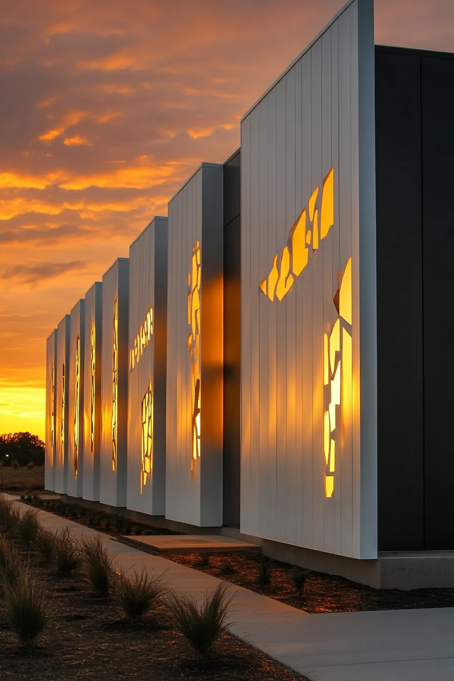 contemporary barndominium exterior featuring contrasting white and charcoal surfaces with dramatic shadow effects in sunset lighting