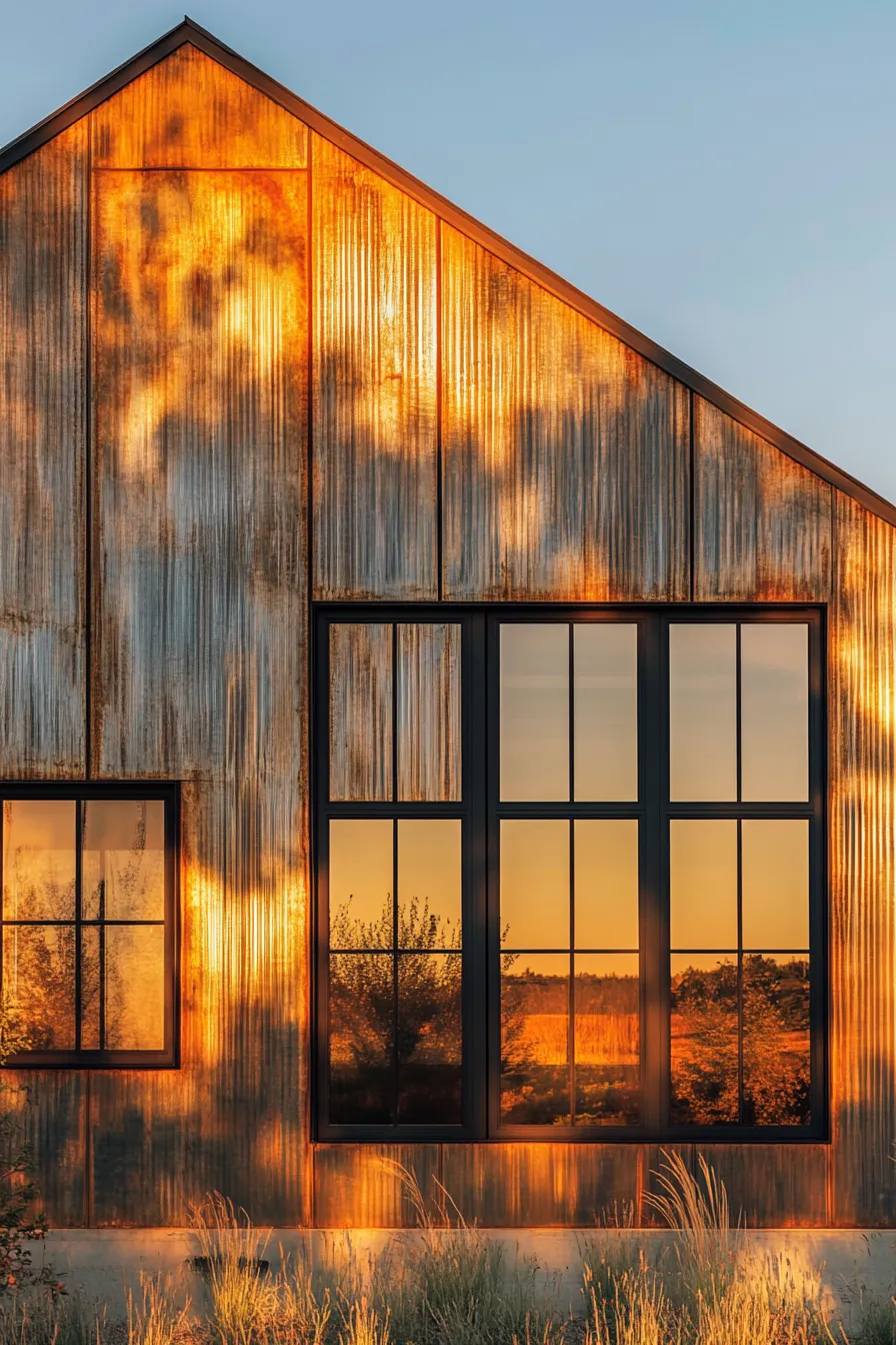 contemporary barndominium with metal panels and dramatic windows catching golden sunlight showcasing industrial modern architecture