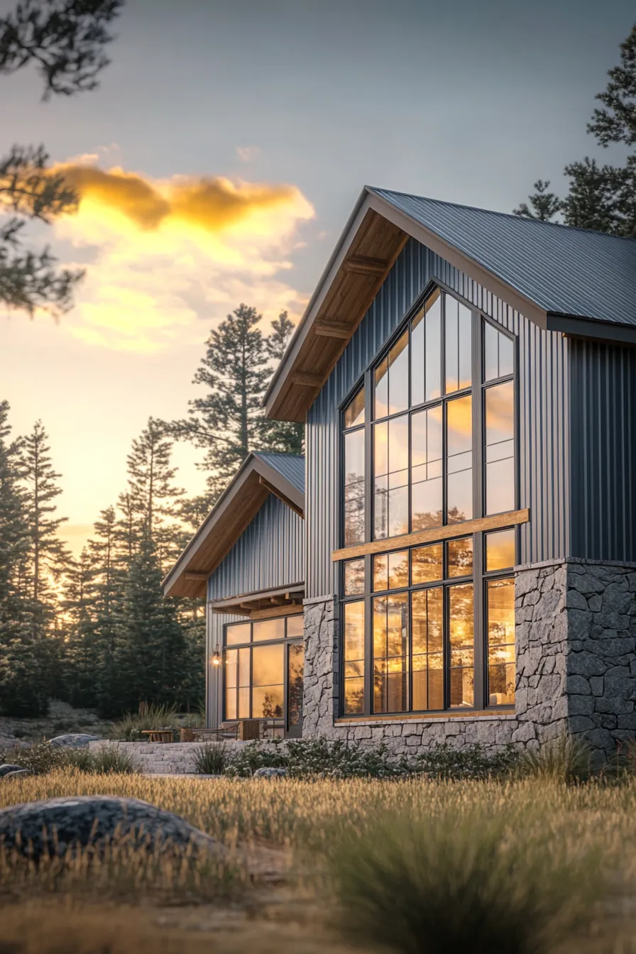 dramatic barndominium facade with grey metal siding stone accents and large reflective windows illuminated at dusk