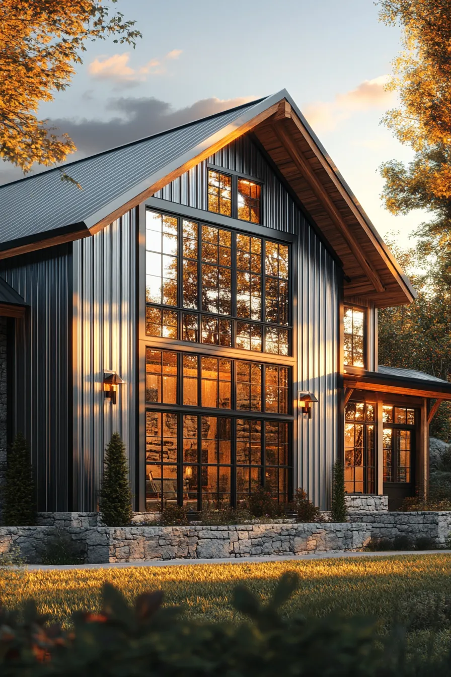 luxury barndominium exterior featuring metal and stone construction with cedar trim and architectural lighting