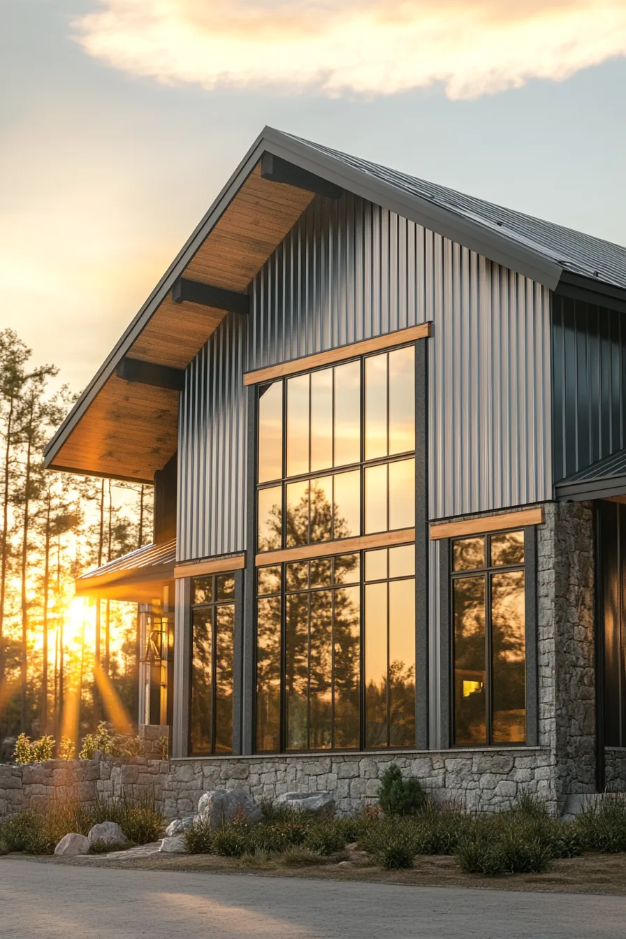 modern barndominium design with grey exterior floor-to-ceiling windows and natural stone accents in mountain setting