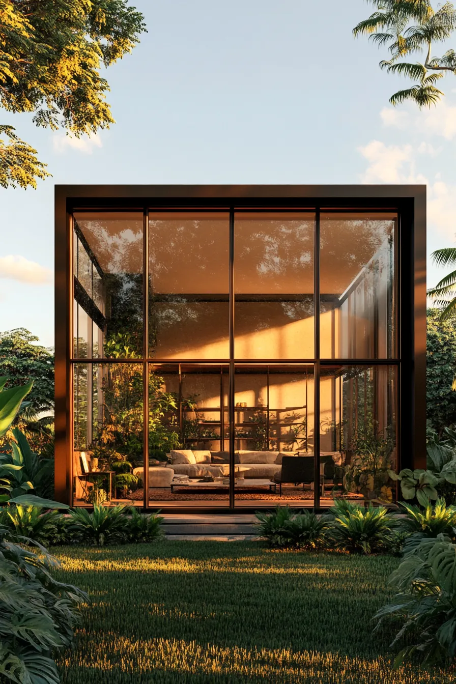 contemporary barndominium exterior with expansive glass panels garden reflections steel frame structure in golden sunlight