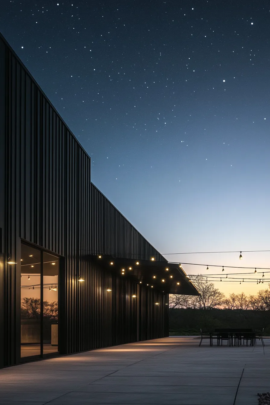striking barndominium exterior featuring dramatic entrance with professional landscape lighting and modern architectural elements against dark sky